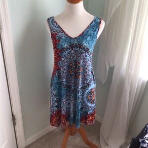 Bishuige - Blue Printed V-Neck Sleeveless Knit Dress